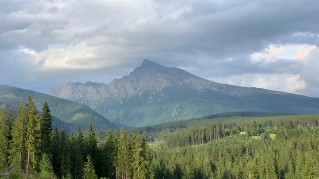 Krivan Peak Mountain on Sunny Cloudy Day, Pine Tree Forest, High Tatras Slovakia