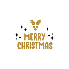 Merry christmas text with holy berry leaves. Xmas greeting card design.