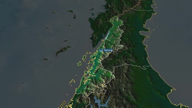 Ranong - province of Thailand with its capital zoomed on the physical map of the globe. Animation 3D