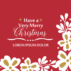 Banner template of very merry christmas, with white floral frame, isolated on red background. Vector