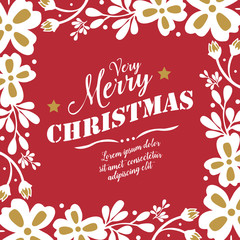 Banner template of very merry christmas, with white floral frame, isolated on red background. Vector