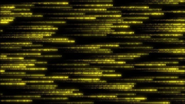 Binary code-yellow numbers on a black background move horizontally loop. 4K network animation binary data.