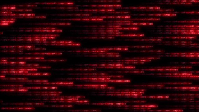 Binary code-red numbers on a black background run lines on a black background. Background of the matrix loop. Digital security, data Encoding. Digital binary data. 4K network animation binary data.