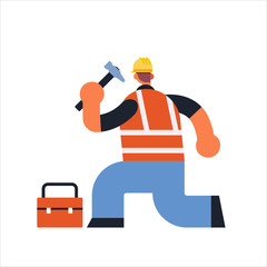 Fototapeta premium male builder using hammer and toolbox busy workman industrial construction carpenter worker in uniform building concept rear view flat full length vector illustration