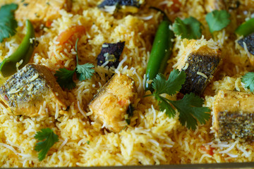 Salmon biryani, a traditional rice and fish dish