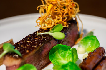 Haute cuisine - a beef steak with greens topping and sauce on a white dish and dark background