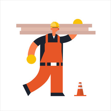 male builder carpenter carrying planks workman in orange uniform industrial construction worker building concept flat full length vector illustration