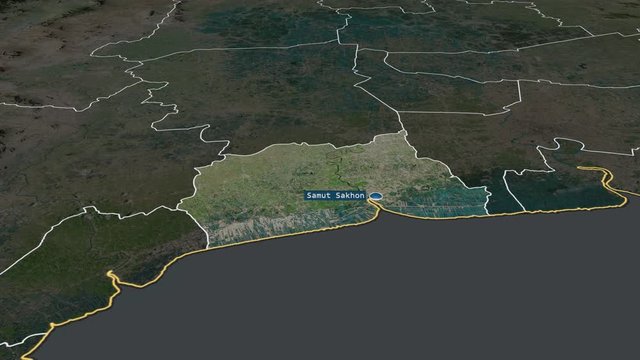 Samut Sakhon - province of Thailand with its capital zoomed on the satellite map of the globe. Animation 3D