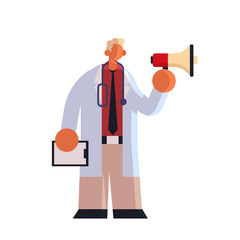 male doctor in white coat holding patient card and loudspeaker making announcement medicine healthcare concept hospital medical clinic worker standing pose full length white background flat vector