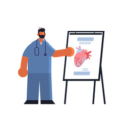 male doctor cardiologist in uniform presenting flip chart with human heart medicine healthcare concept hospital medical clinic worker with stethoscope full length flat vector illustration