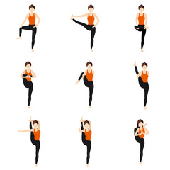 Hips stretching standing yoga asanas set/ Illustration stylized woman practicing yoga postures with legs extension