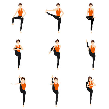 Hips stretching standing yoga asanas set/ Illustration stylized woman practicing yoga postures with legs extension