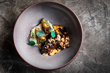 Haute cuisine - stew from beef, mushrooms and mashed potato in a bowl at dark background