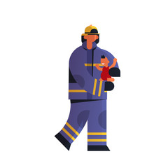 brave fireman rescuing little child firefighter in uniform and helmet firefighting emergency service extinguishing fire concept flat white background full length vector illustration