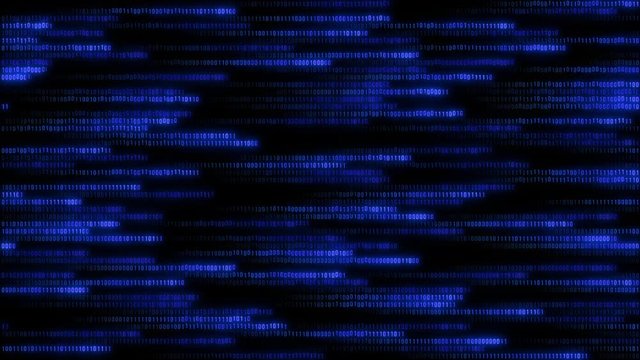 Binary code-blue numbers on a black background move horizontally. Digital security background. Matrix. Decryption, security, encoding. Digital binary data, code stream left-. 4K network animation bina