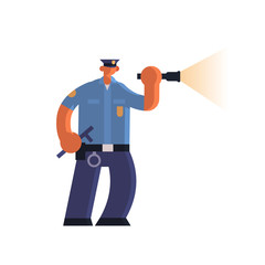 police officer using flashlight policeman in uniform holding stick security authority justice law service concept flat full length vector illustration
