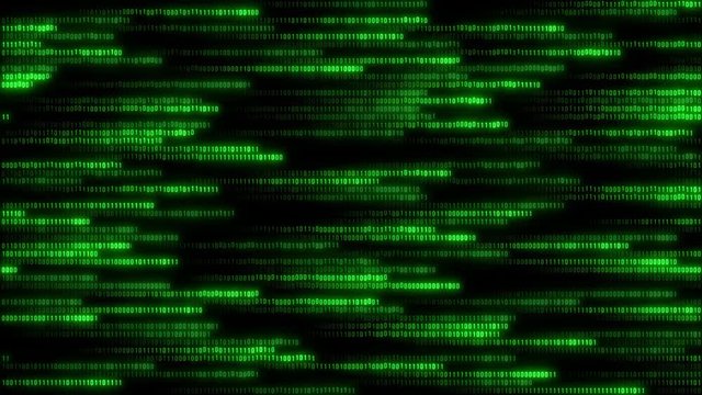 Binary code-green numbers on a black background move. Footage Of The Matrix loop. Security, encoding. Digital binary data, code stream. 4K network animation binary data.