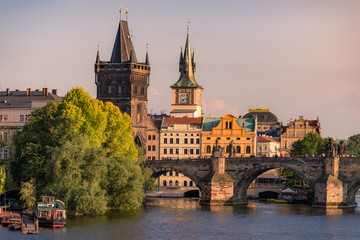 Fototapeta na wymiar Prague historic landmarks of Charles bridge and bridge tower