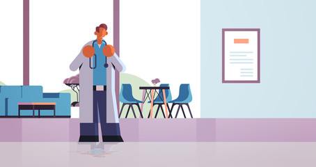 male doctor standing in contemporary clinic hall medicine healthcare concept modern hospital interior worker with stethoscope in white coat full length flat horizontal vector illustration