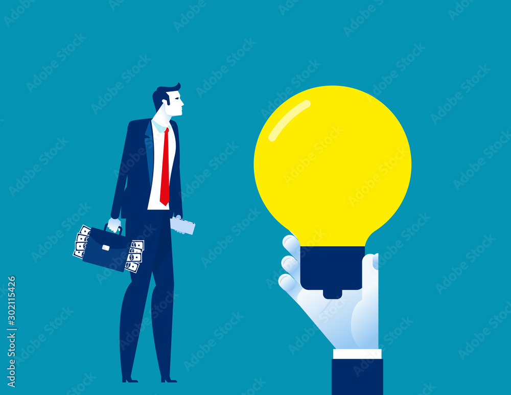 Wall mural Business man by idea. Concept business funding vector illustration, Selling new ideas, Money Bag, Flat cartoon character style design.