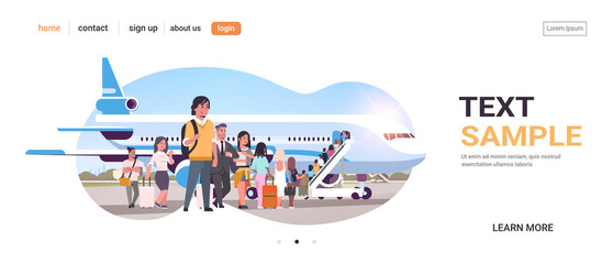 travelers with luggage standing line queue going to plane passengers climbing the ladder to board aircraft boarding travel concept flat horizontal copy space vector illustration © mast3r