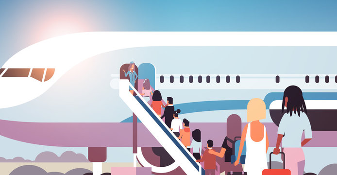 queue of people travelers with luggage going to plane mix race rear view passengers climb the ladder to board aircraft boarding travel concept flat horizontal vector illustration