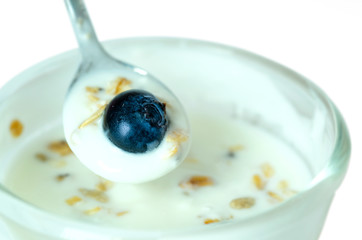 Healthy food, yoghurt, berry fruit and cereal in a spoon