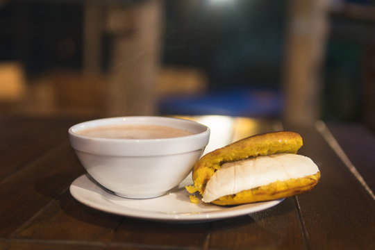 chocolo arepa with cheese and hot chocolate