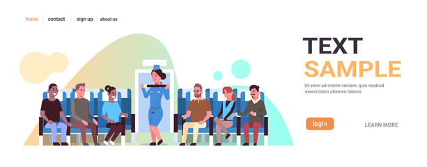 stewardess explaining for mix race passengers how to use seat belt fastening flight attendant in uniform safety demonstration concept airplane board interior horizontal copy space vector illustration