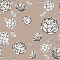 Seamless pattern made from artichokes. Healthy food. Graphics. Hand drawn.