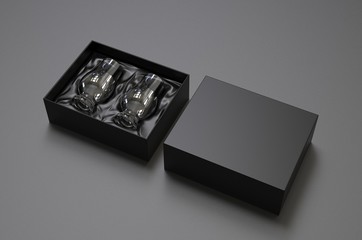 Crystal Whiskey Glasses gift hard box for branding. 3d render illustration.