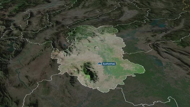 Sukhothai - province of Thailand with its capital zoomed on the satellite map of the globe. Animation 3D