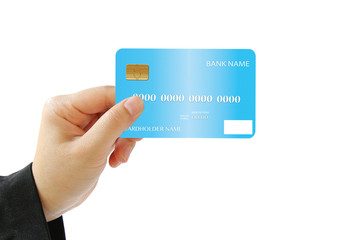 A woman hand holding credit card isolated on white background