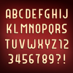 Light Bulb alphabet font. Glowing retro letters and numbers with shadows. Vector typeface for your typography design.