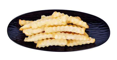 French fries on a plate, isolated on white background