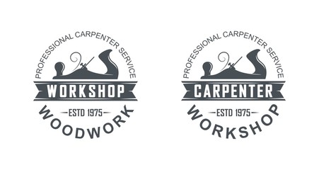 Black and white logo illustration of a carpenter workshop. Vector illustration of a planer and text with banner. - obrazy, fototapety, plakaty