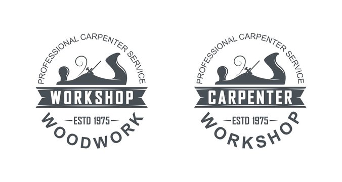 Black and white logo illustration of a carpenter workshop. Vector illustration of a planer and text with banner.
