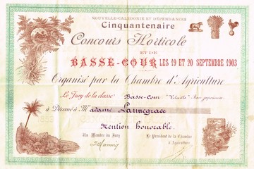 Nouvelle-Calédonie. Certificat du concours horticole et de basse-cour de 1903