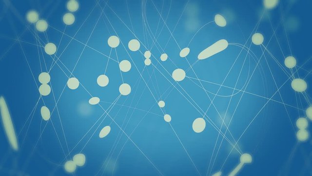 Entropic motion of white dots under isomorphic structure. Rotating, unifying and moving connected dots through lines. Suitable for chemistry exemplification, dynamics, physics, geometry.