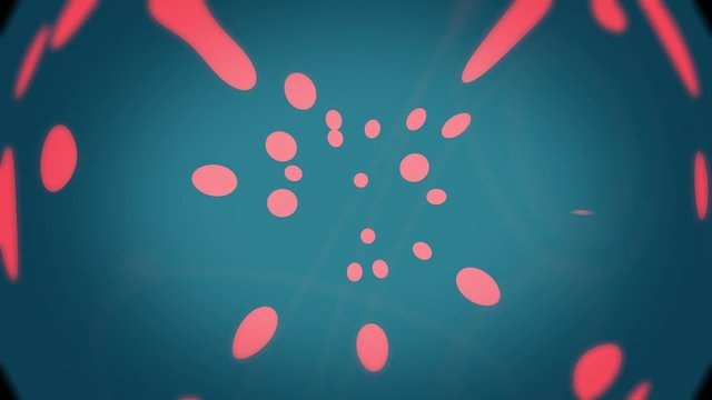 Under the microscope look and feel animation. Computer generated with color changing unifying ans dividing dots. Seamless looping cells motion, inward and outward, on a globular background.
