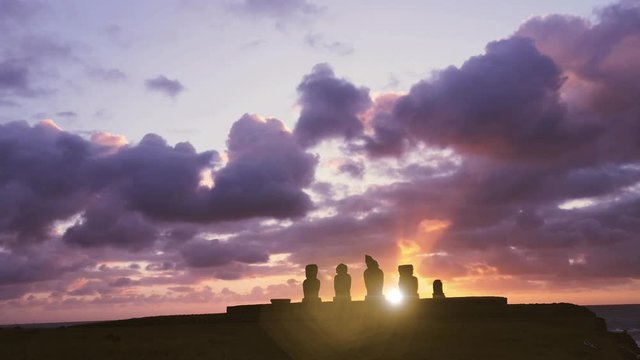 Ahu Tahai at Sunset. Ancient Moai statues on the coast of Rapa Nui (Easter Island). 