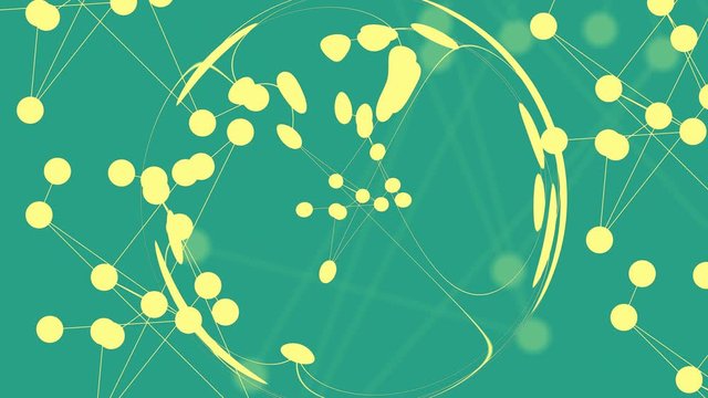 Isomorphic structure of moving connecting yellow dots and lines on light green background. Suitable for chemistry exemplification, dynamics and physics, geometry and recurring movements imagery.