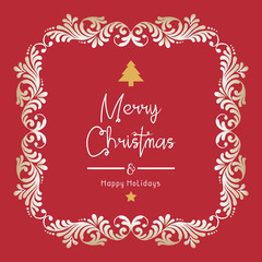 Lettering greeting card of merry christmas happy holiday, with wallpaper of leaf flower frame on red background. Vector