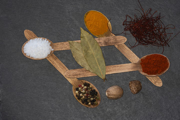 Vier Holzlöffel mit buntem Pfeffer, gemahlenem Curcuma, Rosenpaprika und groben Salz mit...