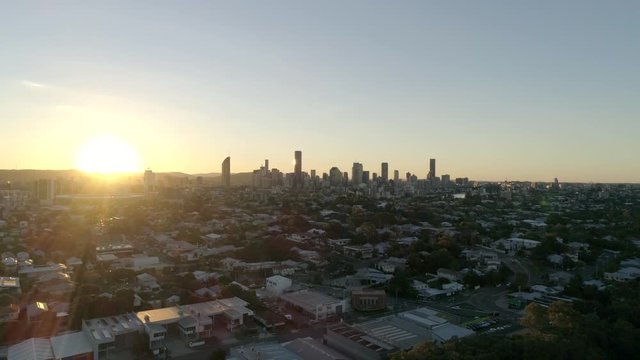 Aerial footage of Brisbane from the suburb at sunset