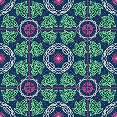 seamless pattern of green neon leaves and flower. Very stylish and chic. Perfect for young and chic target group. Can be used as print, fabric design, tiles, background.