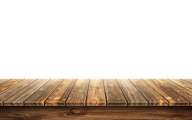 Wooden table top with aged surface, realistic vector illustration. Vintage dining table made of darkened wood, realistic plank texture. Empty desk top isolated on white wall.