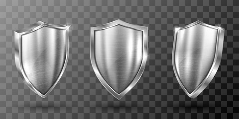 Metal shield with frame realistic vector illustration. Blank silver steel metallic panel with reflection glow, award trophy or certificate template, front side view isolated on transparent background - obrazy, fototapety, plakaty