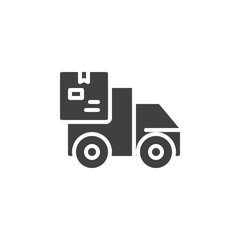 Delivery truck with box vector icon. filled flat sign for mobile concept and web design. Parcel delivery truck glyph icon. Symbol, logo illustration. Vector graphics