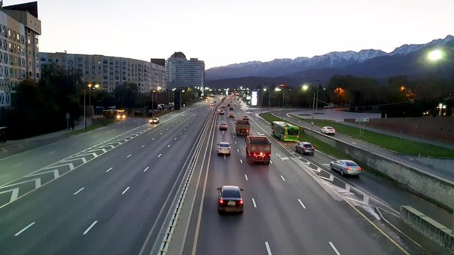 Car traffic in the morning on Al-Farabi avenue, it is one of the main roads in the city of Almaty, Kazakhstan